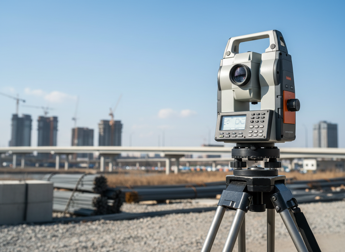 Geodetska oprema na terenu pod modrim nebom